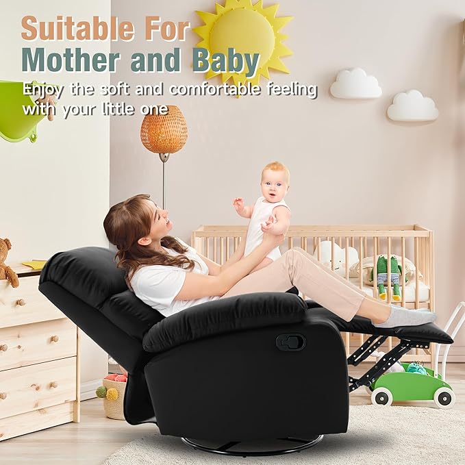 Swivel Rocker Recliner, Rocking Recliners Chair for Small Spaces, Small Rocker Recliner Chair, Nursery Rocking Chairs for Living Room, RV, Nursery, Black-Ruum Studio Home