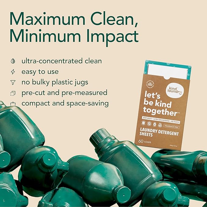 Kind Laundry Detergent Sheets with Stain-Fighting Enzymes - Plant Powered Eco-Friendly Laundry Soap Sheets - Home or Travel Laundry Detergent Fragrance Free, 32 Loads (Mom's Choice Award Winner)-Ruum Studio Home