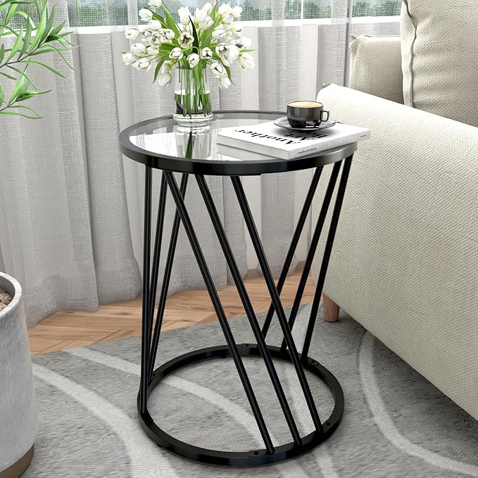 Round Side Table, Modern End Tables for Living Room Office Small Spaces, Glass Black End Table with Metal Frames, Nightstand for Bedroom, Bedside Furniture, Easy Assembly-Ruum Studio Home