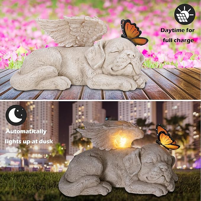 WONDER GARDEN Sleeping Dog Angel Statue with Solar Light - Pet Memorial Stone, in Memory of Dog, Marker Tribute Statues, Resin Guardian Angels, Bereavement Gift-Ruum Studio Home