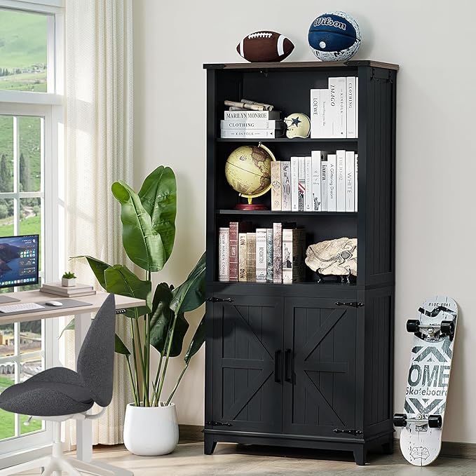 70in Tall Bookshelf 5 Tier Bookcase with Barn Doors and Adjustable Shelves, Black Farmhouse Book Shelf with Storage Cabinet, Wood Freestanding Display Bookshelves for Bedroom, Living Room-Ruum Studio Home
