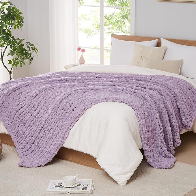 L'AGRATY Chunky Knit Blanket Throw: 80''x90'' Chenille Chunky Knitted Throw Blanket for Bed Couch - Handmade Thick Big Cable Knit Blanket - Large Chunky Crochet Rope Blanket for Home Decor(Purple)-Ruum Studio Home
