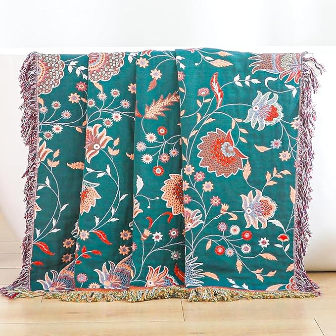 Boho Throw Blanket for Bed,100% Ultra Cotton Soft Breathable Bed Throw Floral Printed Farmhouse Decor Rustic Bed Throws for Couch Sofa Quilt White Flowers 60" x 80"-Ruum Studio Home