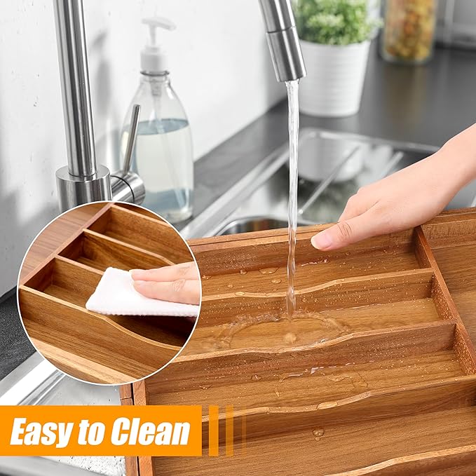 Bellsal Large Premium Acacia Wood Silverware Organizer - Expandable Utensil Drawer Organizer - 17"x19.6" Utensil Holder and Cutlery Tray with Grooved for Kitchen Flatware Utensils(7-9 Slot, Acacia)-Ruum Studio Home
