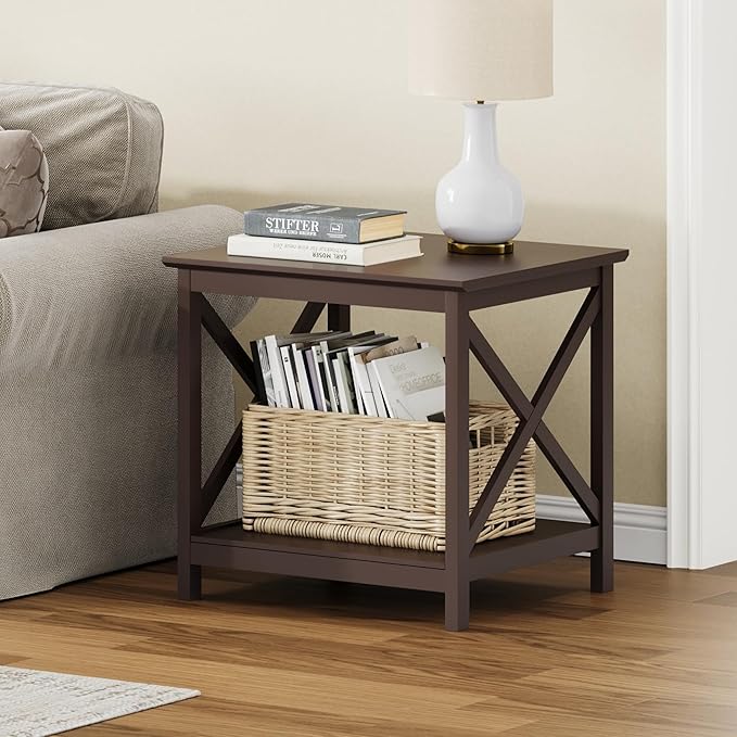 ChooChoo End Table, 24 Inch End Table with 2-Tier Storage Shelf, Side Table for Living Room, Wood Nightstand for Bedroom, Office, Painted Surface, Espresso-Ruum Studio Home