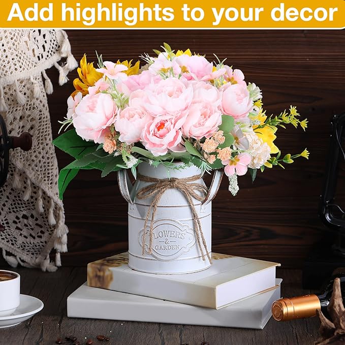 6 Inch Farmhouse Vase Decor Milk Can Vintage Flower Jug Galvanized Metal Vase with Handle Rustic Flower Buckets for Thanksgiving Christmas Table Centerpiece Weddings Gifts(Retro White,8 Pcs)-Ruum Studio Home