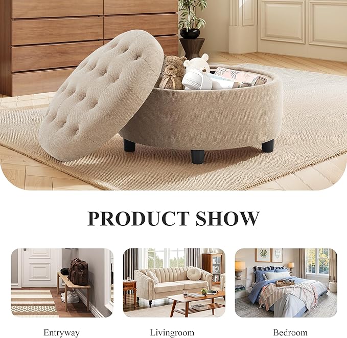 COLAMY Fabric Round Storage Ottoman with Reversible Tray Lid – Multi-Functional Footrest, Hidden Storage, Sturdy & Stylish Small Coffee Table for Living Room, Bedroom, or Entryway(Camel)-Ruum Studio Home