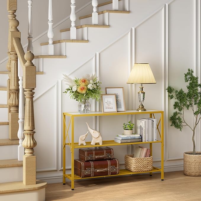 Hoctieon Gold Console Table, 3 Tier Entryway Table, Hallway Table, Narrow Sofa Table with Shelves, Entrance Table for Entryway, Gold and White-Ruum Studio Home