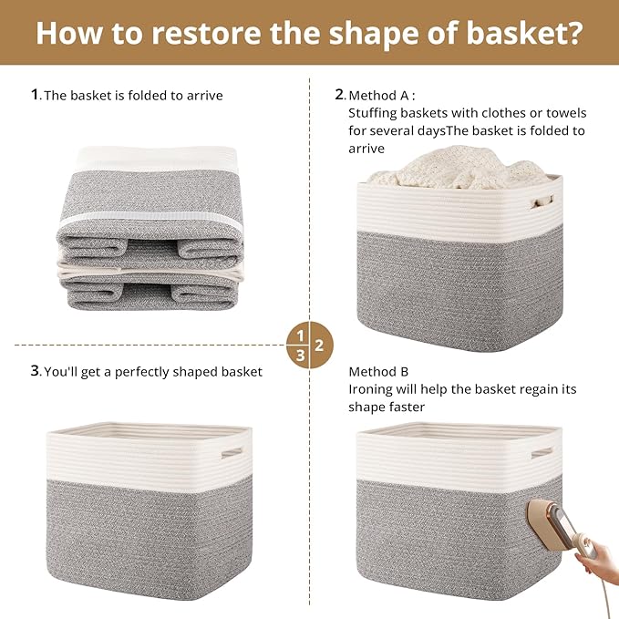 OIAHOMY 13 Kallax Inch Cube Storage Bins, 3-Pack Cotton Rope Woven Baskets for Organizing, Kallax Insert Storage Baskets for Shelves, Baby Nursery, Closet Organizer, 15*13*12.6IN, Grey & White-Ruum Studio Home