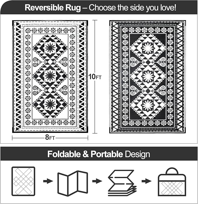 Waterproof Outdoor Rug 8x10ft, Reversible Plastic Straw Mat Rugs for Patio RV Deck Porch Backyard Balcony Camping Picnic Beach Indoor Outdoor Carpet, Black&White-Ruum Studio Home