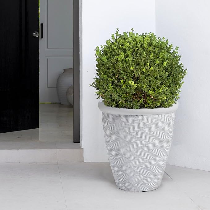 Worth Garden 2-Pack 16" Large Round Planter - Weave Pattern Lightweight Plastic Plant Pot 16" x 17.5" for Indoor Outdoor Use - Decorative Containers for Front Porch Home Yard Deck Patio - White-Ruum Studio Home