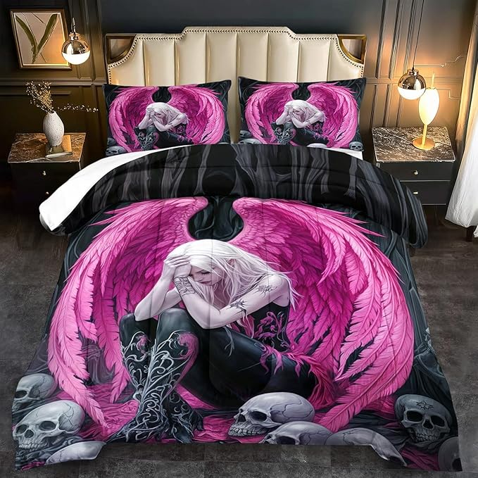Gothic Skull Comforter Set King for Adults,Angel Wings Bedding Set Pink for Girls,Sexy Angel Comforter Bedroom Decor Teen,Gothic Skull Bedding Decor Pink Wings Quilt-Ruum Studio Home