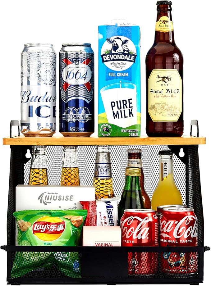 1 SET Large fruit basket for kitchen counter-stackable basket with Bamboo Tops & Tag,hanging wall baske,for Cabinet Shelf Countertop pantry storaget, onion potato Vegs Bread Food Organizing Bin,BLACK-Ruum Studio Home