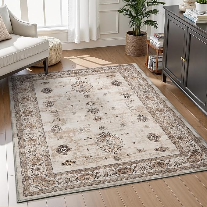 AMOAMI-Vintage Area Rug 4x6 Brown Rugs for Living Room-Soft Living Room Rug Non Slip Rugs for Bedroom Carpet Machine Washable Rug for Dining Room Bedside Office Room Decor-Ruum Studio Home