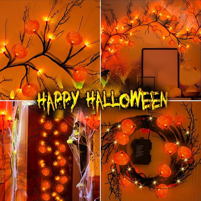 [ 8 Modes & Timer ] Halloween Willow Vine Twig Decor Garland with Pumpkins, 6 FT 54 LED Battery Operated for Indoor Halloween Decorations Home Mantle Fireplace-Ruum Studio Home