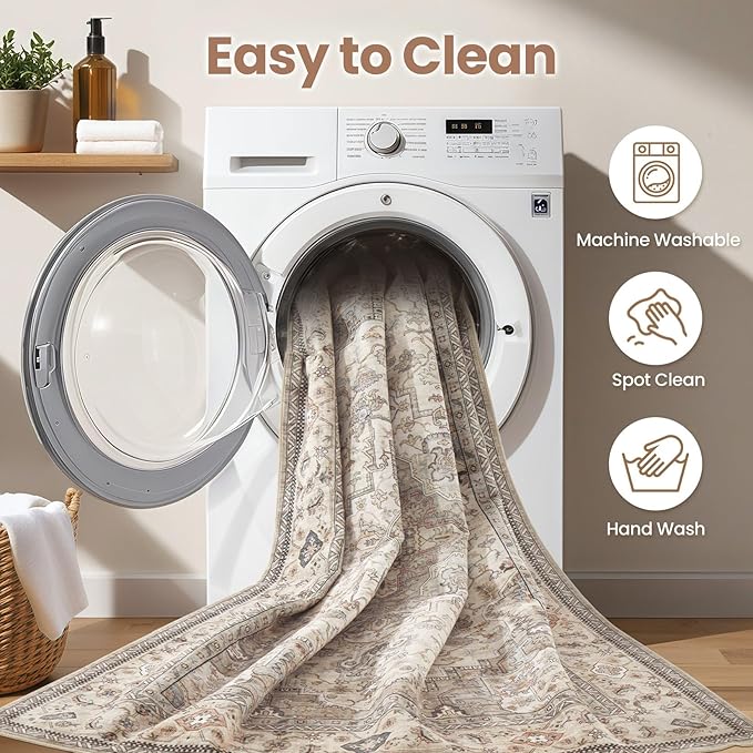 Washable Area Rugs for Living Room - 10x14 Neutral Vintage Distressed Floral Farmhouse Boho Large Soft Floor Rug Indoor Non Slip Carpet for Bedroom Dining Room Office - Brown/Multi-Ruum Studio Home