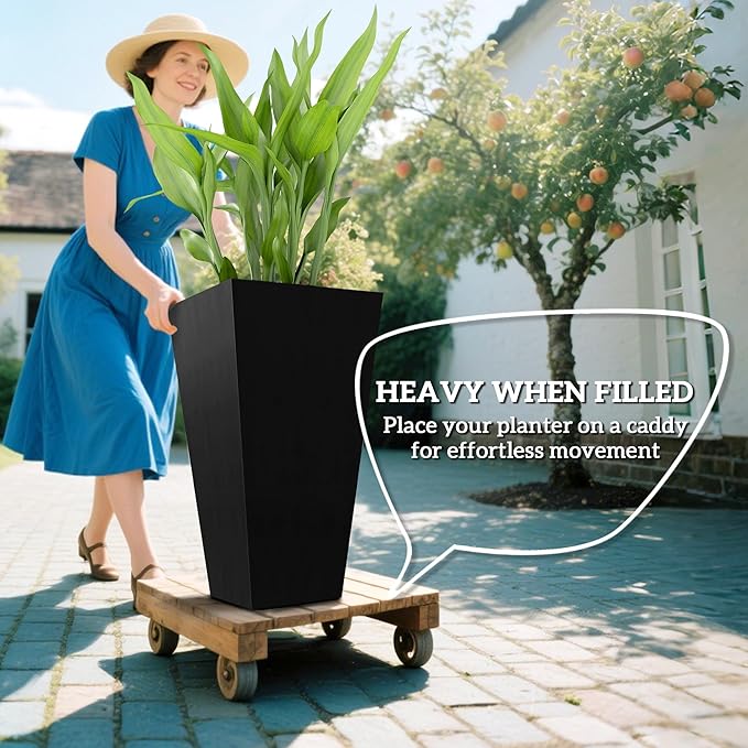 Outsunny Tall Planters for Outdoor Plants Set of 3, 28 in Taper Planters with Drainage Holes, Indoor Grande Plant Pots, Front Porch Decor (Black)-Ruum Studio Home