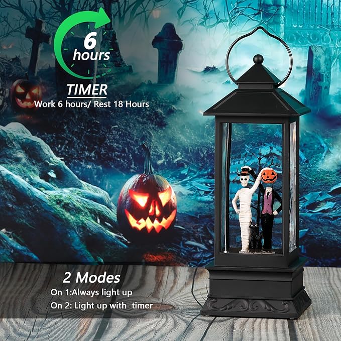 Halloween Snow Globes, Skull and Black Cat Scene Snow Globes, Glittering Lantern with Timer, Snow Globe Lantern USB or Battery Powered for Halloween Decor-Ruum Studio Home