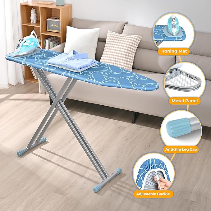APEXCHASER Ironing Board with Silicon Iron Rest, Heavy-Duty Legs and Heat Resistant Cover, 13x53 inch, Blue-Ruum Studio Home