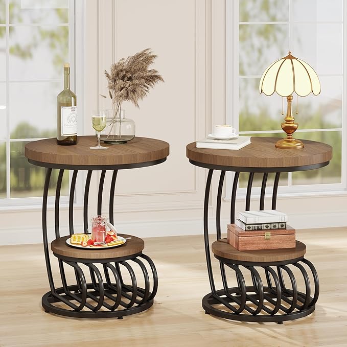 Tribesigns Round End Side Table: 2 Tiers Side Table Set of 2, Vintage End Table for Living Room, Small Bedside Table Accent Table with Arc-Shaped Frame, Light Brown-Ruum Studio Home