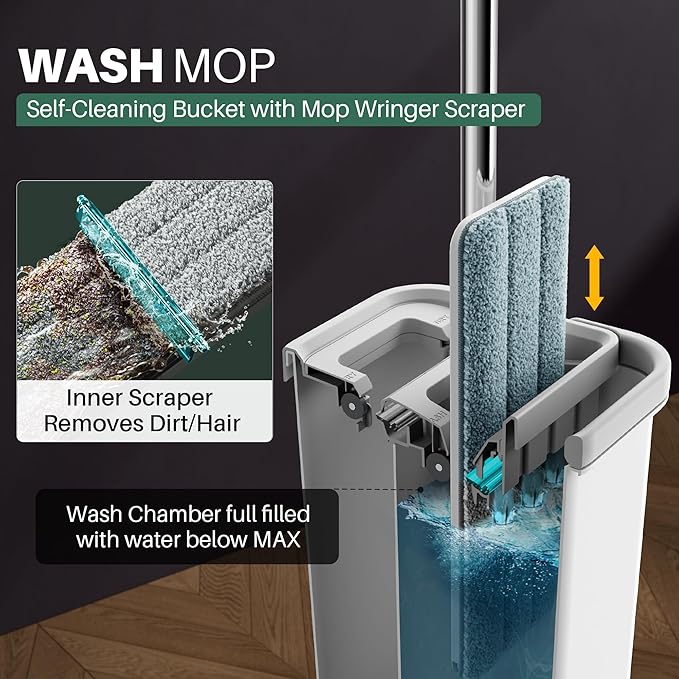 JOYMOOP Mop and Bucket with Wringer Set, Hands Free Flat Floor Mop and Bucket, 60" Mop with 6 Reusable Microfiber Pads, Wet and Dry Use, Floor Cleaning System-Ruum Studio Home