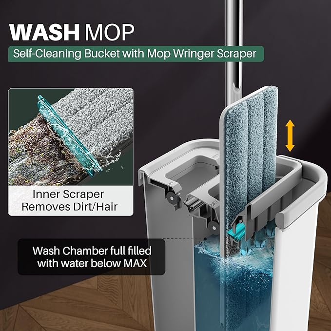 JOYMOOP Mop and Bucket with Wringer Set, Hands Free Flat Floor Mop and Bucket, 60" Mop with 3 Reusable Microfiber Pads, Wet and Dry Use, Floor Cleaning System-Ruum Studio Home
