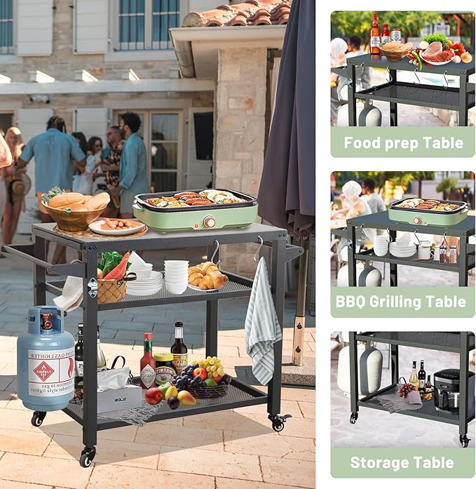 Domi 3-Shelf Outdoor Grill Table, Grill Cart Outdoor with Wheels, Pizza Oven and Food Prep Table, Blackstone with Stainless Steel Tabletop, BBQ Stand for Blackstone Griddle for Outside BBQ-Ruum Studio Home