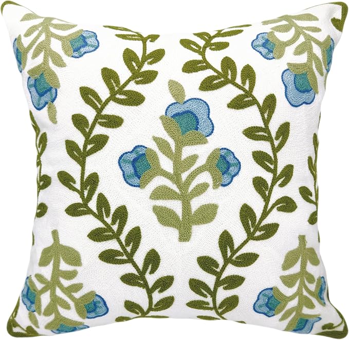 Alysheer Floral Embroidered Summer Decorative Throw Pillow Cover 18"x 18", Farmhouse Cottage Blue Flowers Green Leaves Knit Pattern Cotton Canvas Cushion Case for Sofa Couch Bed Living Room Decor-Ruum Studio Home