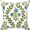 Alysheer Floral Embroidered Summer Decorative Throw Pillow Cover 18"x 18", Farmhouse Cottage Blue Flowers Green Leaves Knit Pattern Cotton Canvas Cushion Case for Sofa Couch Bed Living Room Decor-Ruum Studio Home