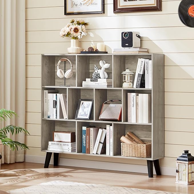 LEYAOYAO 10 Cube Bookshelf,3 Tier Modern Wide Bookcase with Legs,Mid-Century Wood Bookshelves Storage，Retro Grey Large Book Case,Freestanding Organizer Display Shelf for Bedroom,Living Room,Office-Ruum Studio Home