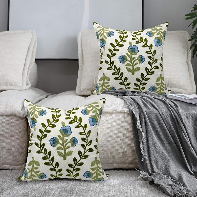 Alysheer Floral Embroidered Summer Decorative Throw Pillow Covers 20"x 20" Set of 2, Farmhouse Cottage Blue Flowers Green Leaves Knit Pattern Cotton Canvas Cushion Case for Couch Bed Living Room-Ruum Studio Home