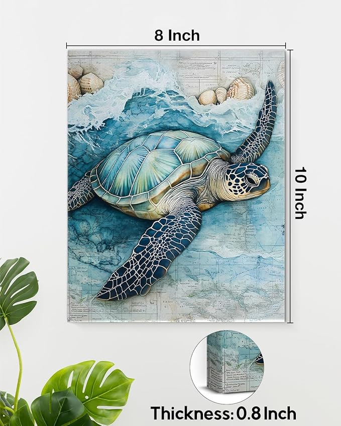 Coastal Sea Turtle Canvas Wall Art Turtle Nautical Ocean Theme Print Poster Framed Picture Painting for Home Beach House Bedroom Wall Decor 8x10 Inch-Ruum Studio Home