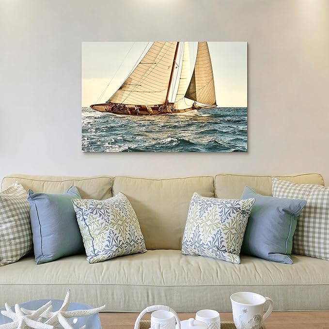 ARTISTIC PATH Coastal Nautical Canvas Wall Art - Ocean Sailboat Artwork Seascape Sailing Prints Wave Boat Picture Sunset Marine Painting for Living Room-Ruum Studio Home