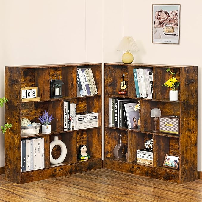 LEYAOYAO 8 Cube Bookshelf with Wood Base, Brown 3 Tier Mid-Century Modern Bookcase,Standing Wide Bookshelves Storage Organizer Shelf,Rustic Display Cabinet Book Shelves for Bedroom,Living Room,Office-Ruum Studio Home
