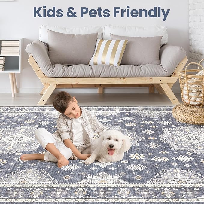Washable Area Rugs for Living Room -10x14 Neutral Vintage Distressed Floral Farmhouse Boho Large Soft Floor Rug Indoor Non Slip Carpet for Living Room Bedroom Dining Room Office - Denim Blue/Grey-Ruum Studio Home
