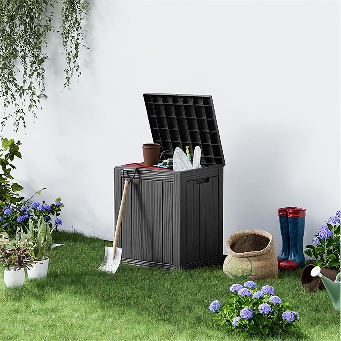 Outdoor Storage Box 28 Gallon, Deck Box Waterproof Resin with Lockable Lid, UV-Resistant Patio Storage Box for Pool Supplies, Garden Tools, Black-Ruum Studio Home