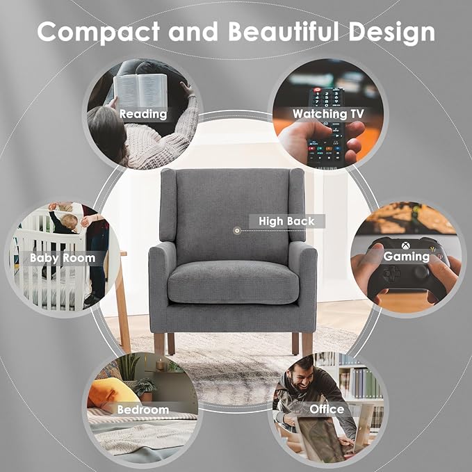 COLAMY Modern Wingback Living Room Chair Set of 2, Upholstered Fabric Accent Armchair, Single Sofa Chair with Lounge Seat and Wood Legs for Bedroom/Office/Reading Spaces, Gery-Ruum Studio Home