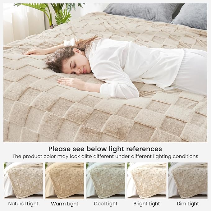 Cozy Bliss Checkered White Faux Rabbit Fur Throw Blanket, Soft Fuzzy Fluffy Minky Cream Furry Blankets for Couch, Bed (Tan, King(108" x 90")-Ruum Studio Home