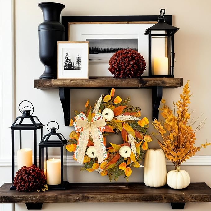 CYANBLOOM Fall Wreaths for Front Door: Rustic 20-22 Inch Bow Wreath with Golden Eucalyptus, White Pumpkins & Wheat - Lovely Warm Vibes Outdoor Indoor Farmhouse Decor for Halloween Thanksgiving Autumn-Ruum Studio Home