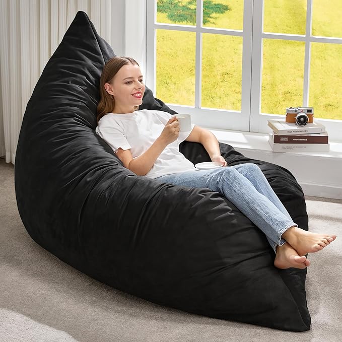 Hobestluk 3 in 1 Bean Bag Chair Giant Bean Bag Chairs for Adults with Velvet Cover Convertible Bean Bag Floor Cushion with Machine Washable Cover for Living Room (Velvet Black)-Ruum Studio Home