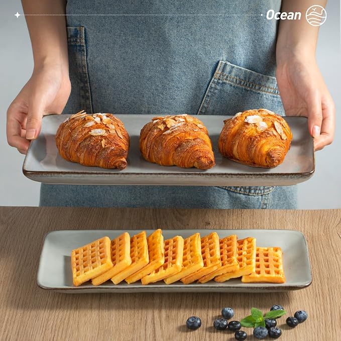 famiware Serving Platter, Rectangular 15.67/14.1/12.6inch Serving Dishes for Entertaining, Reactive Glaze, Stoneware Serving Trays for Party, Food, Turkey, Snack, Cheese, Ocean Series, Grey-Ruum Studio Home