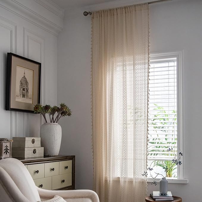Sutuo Home Boho Curtains 120 inches for Bedroom Living Room Patio Doorway, Crochet Lace Sheer Bohemian Extra Long with Tassels,Window Treatment Drape, Single 1 Panel 59" W x 120" L, Beige-Ruum Studio Home