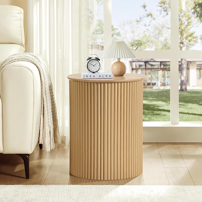 AVZEAR Fluted Round Side Table, Small End Table Modern Boho Nightstands, Circle Bedside Tables Bohemian Accent Table Wood Night Stand for Small Spaces, Living Room, Bedroom(Natural)-Ruum Studio Home