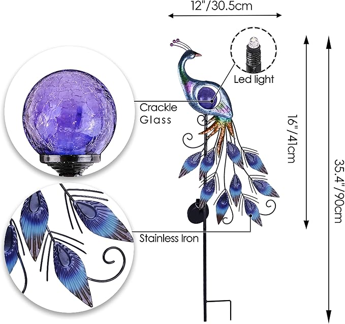 TERESA'S Collections Yard Decorations Outdoor for Garden Decor, Peacock Solar Outdoor Lights, 35.4'' Metal Lawn Ornaments for Outside with Crackle Glass Ball, Decorative Stake Gifts for Mom-Ruum Studio Home
