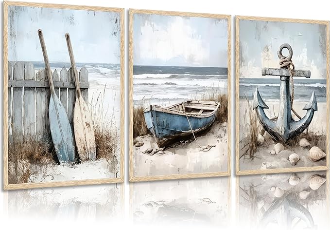 3Pcs Nautical Beach Wall Art Sailboat Paddle and Anchor Paintings Pictures Wall Decor Nautical Coastal Posters Prints Artwork for Living Room Bedroom Home Office Corridor Home Decroation Unframed-Ruum Studio Home