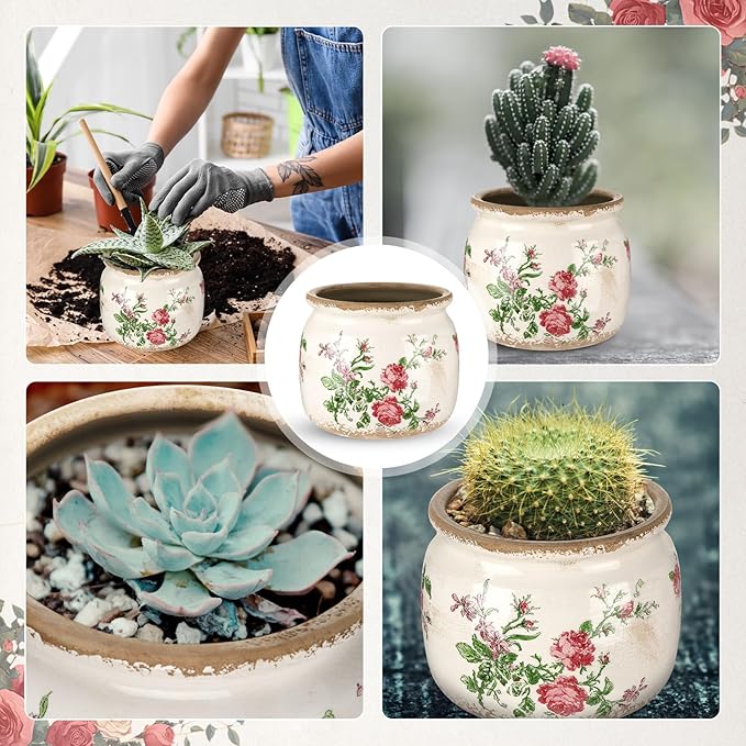 Vintage Planter Large Ceramic Plants Pot Beige Pink French Rose Ice Crack Cottage Scroll Vase Flower Vase Pot Indoor Plants Home Kitchen Decor Farmhouse Antique Decorative Gifts-Ruum Studio Home