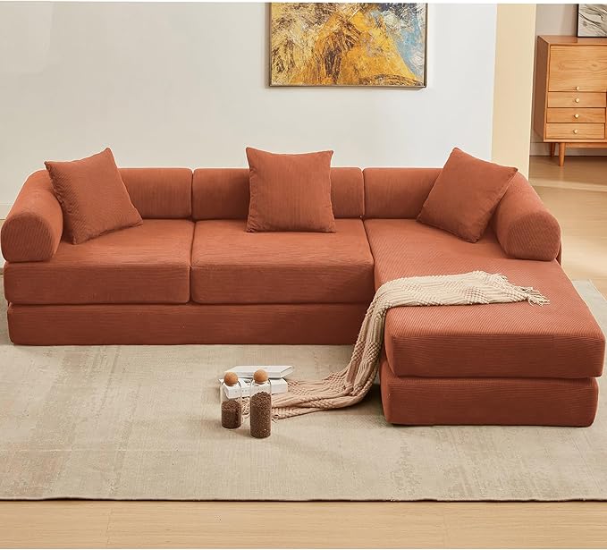 107" Oversized Convertible Sleeper Sofa Bed, Corduroy L Shape Sectional Couch, Folding Sofa Bed with Side Pocket, Modern Cloud Floor Mattress Couch, Modular Sofa for Living Room, Orange-Ruum Studio Home