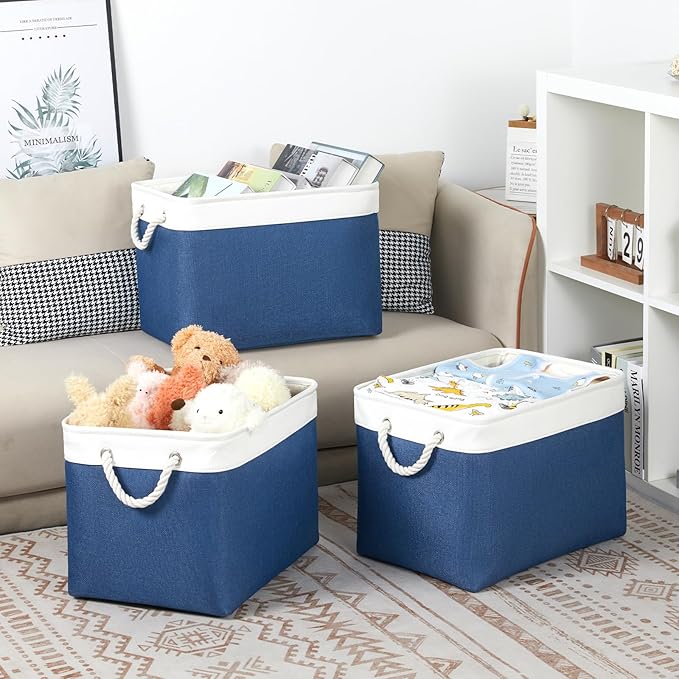 Bidtakay Large Storage Baskets for Shelves 3 Pack Fabric Storage Bins for Organizing Navy Blue Decorative Baskets Linen Collapsible Organizer for Closet-Ruum Studio Home