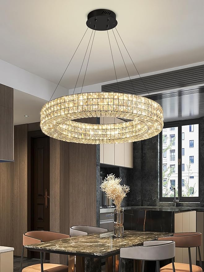 Dia 24" Modern Crystal Chandelier Black Ring Chandelier Adjustable Height Luxury Crystal Pendant Ceiling Light Fixture for Dining Living Room Bedroom-Ruum Studio Home