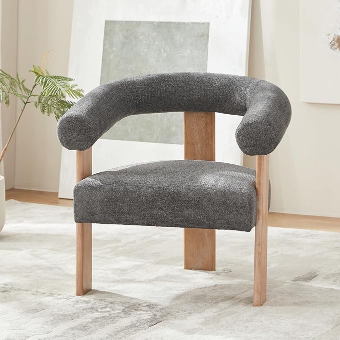 VKNOW Accent Chair Living Room Chair, Modern Upholstered Armchair with Solid Wood Legs, Comfy Barrel Arm Chairs for Living Room Bedroom, Dark Grey-Ruum Studio Home